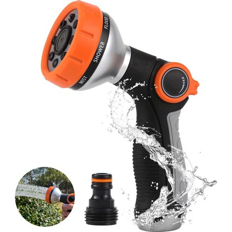 Pistola pulverizadora de accionamiento manual con 8 boquillas ajustables, para limpieza, jardinería, lavado de coches y baño de mascotas. (1/5)