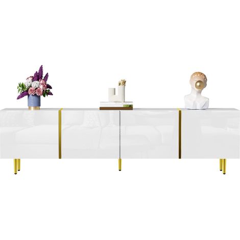 Meuble TV laqué blanc, style moderne et épuré, équipé de quatre portes pour un rangement optimal.