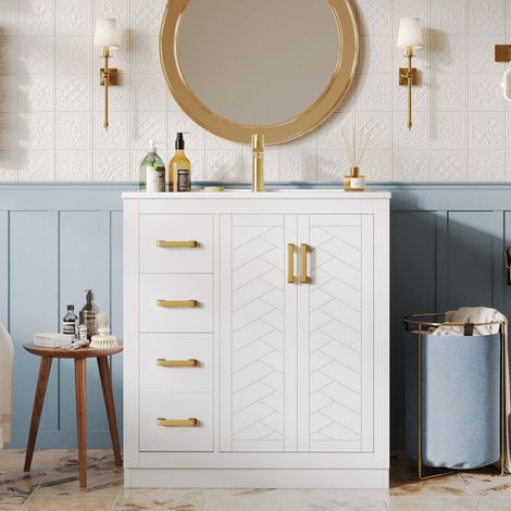 Meuble lave-mains MDF blanc avec vasque en céramique, 76,5 x 46,5 x 84,5 cm, rangements multiples (1/5)