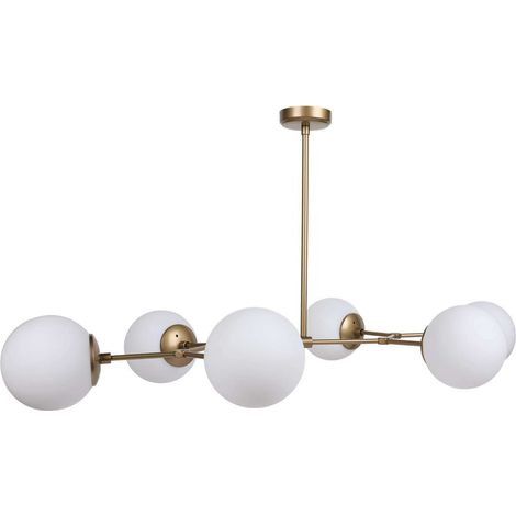 Lustre en métal - 6 globes - L. 100 x H. 52 cm - Doré et blanc - DAMAR (1/6)