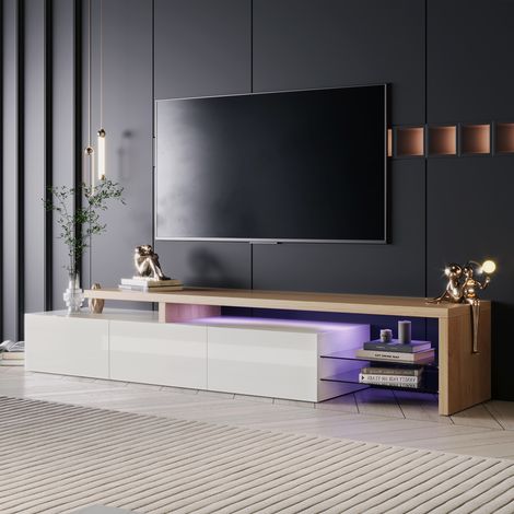 Mobile TV 200 cm con illuminazione LED, 3 porte, 2 mensole in vetro, stile moderno, mobile in legno - Bianco