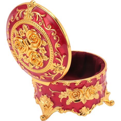 Vintage Metal Jewelry Box, Exquisitely Hand-Carved, Golden Flower Pattern, Trinket Organizer for Rings, Earrings and Necklaces (Red) (1/5)