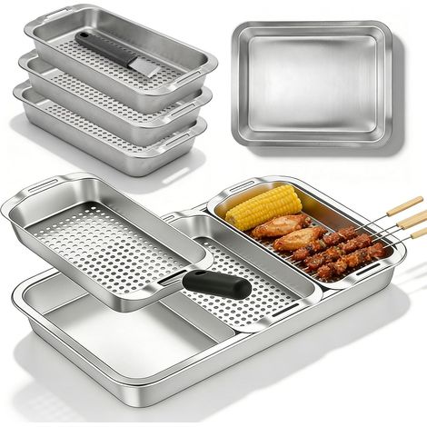 Cesta para parrilla de acero inoxidable de 3 piezas, bandeja para servir y asa universal, bandeja para cocinar perforada y cesta para verduras, accesorios para barbacoa para pescado, carne, verduras a (1/5)