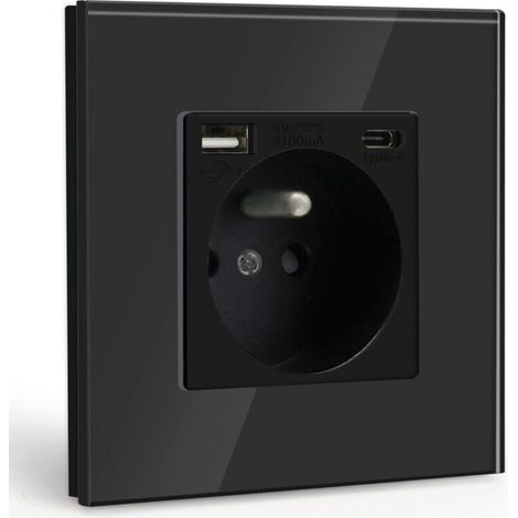 Wandsteckdose mit USB- und USB-C-Anschluss, schwarzes Netzteil mit Kristallglasfront, Steckdosenleiste mit USB-Anschluss (max. 2,1 A), geeignet für Smartphones und Tablets – LIAIKI