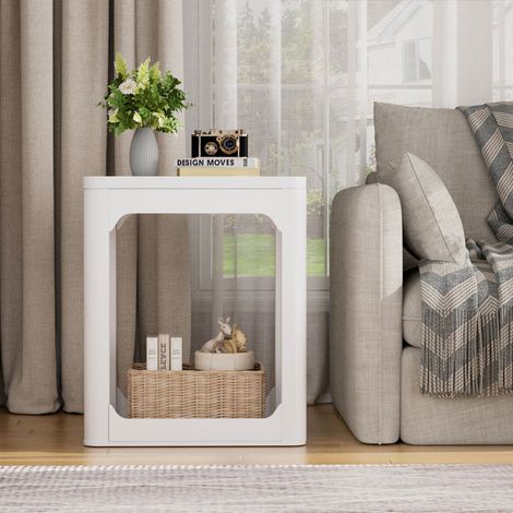 DESMIU Table de chevet lot de 2 avec 2 niveaux de rangement et bords arrondis, pour chambre et salon, blanc (1/5)