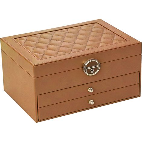 Boîte à bijoux grande capacité à 3 niveaux, multifonctionnelle, avec serrure, marron, pour ranger bagues, colliers et boucles d'oreilles. (1/5)