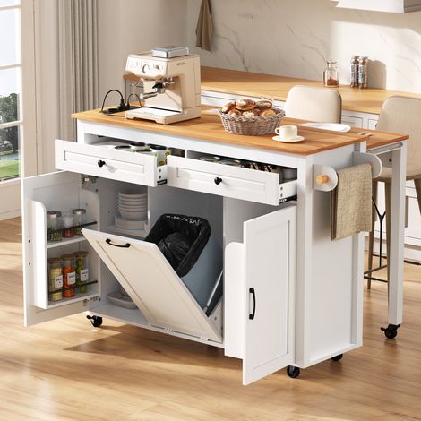 Îlot de cuisine sur roulettes, plateau extensible, prise intégrée, blanc, MDF, FloraGrace (1/5)