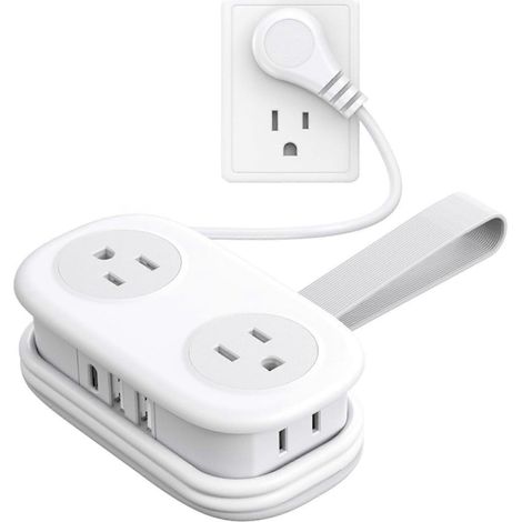 Multiprise de voyage de 1,2 m, format mini de poche, fiche plate à 45 degrés, avec 4 prises secteur/2 ports USB-A/1 port Type-C, protection contre les surtensions, blanche. (1/4)