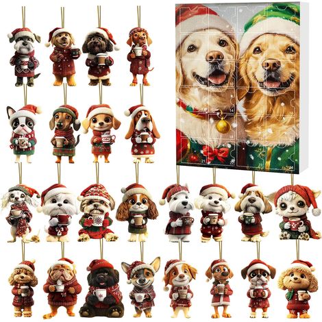 Hunde-Adventskalender 2026 – 24-teilig – mehrfarbig – Acryl – 7 cm große Mini-Anhänger – Hunde in Weihnachtskleidung – Christbaumschmuck – geeignet für Weihnachtsfeiern und als Dekoration für die Wohn (1/5)