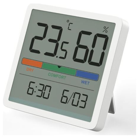 Termometro-igrometro da interni, termometro digitale da tavolo con indicatore preciso di temperatura e umidità, termometro ambiente con indicatore preciso di umidità e orologio (bianco)