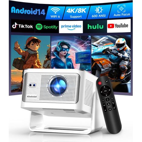 Mini Projector 4K 8K Compatible, FHD 1080P Native, 600 ANSI  Autofocus Rétroprojecteur Portable Android 14 App Intégrée WiFi 6 Bluetooth 5.4, 6D Keystone Évitement Obstacles Téléphone TV (1/5)