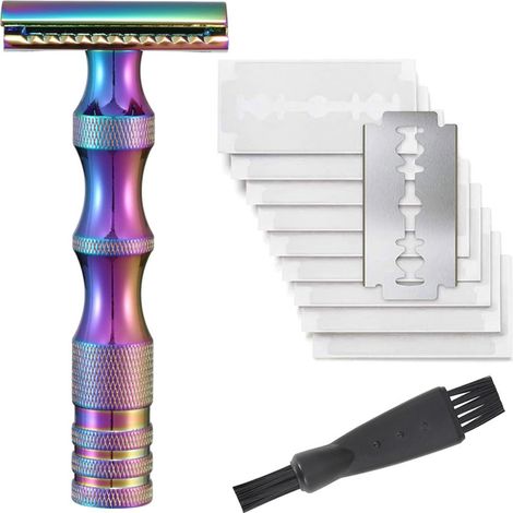 Kit de rasoir de sûreté en métal vintage avec 10 lames et brosse de nettoyage compatible avec Huawei, Samsung, APPLE, Garmin