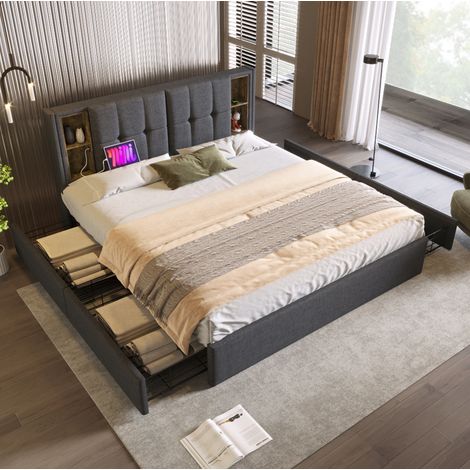 CHICFURN Letto matrimoniale 160x200 cm grigio in lino, 4 cassetti, ricarica USB-C, senza materasso (1/5)