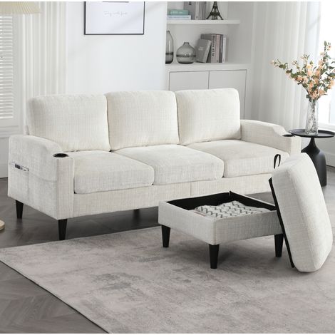 Divano 4 posti con pouf contenitore, portabicchieri e tasche laterali beige HAVRYA (1/5)