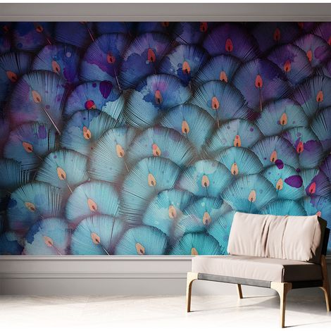 Papier peint autocollant adhésif avec motifs pour salon et chambre accessoire stylé pour votre intérieur Plumes colorées 312x219 cm (1/5)
