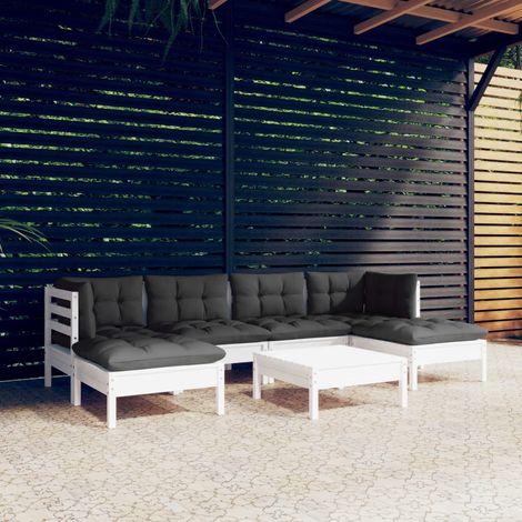 Salon de jardin 7 pcs Ensemble Table et Chaise de Jardin - avec coussins Blanc Bois de pin BV560340 - BonneVie (1/5)