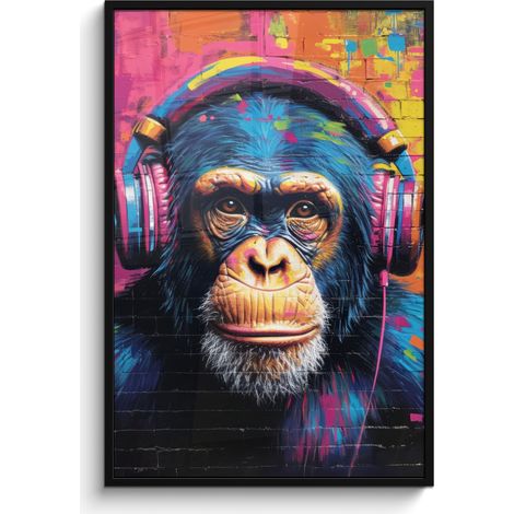 AFFICHE ENCADRÉE Graffiti - Chimpanzé - Street art - Casque audio - Singe Decoration Murale Peinture 80x120