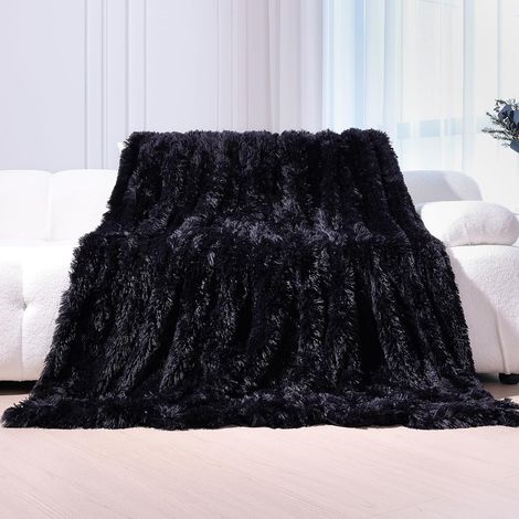 Couverture 160x200 cm, Plaid Polaire Super Douce et Duveteux, Fausse Fourrure Haute Qualité, Chaude et Confortable, Canape, Couvre-Lits, Noir Brillant (1/5)
