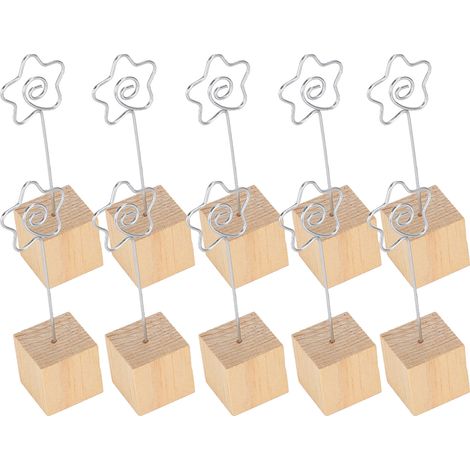 Lot de 10 supports photo en bois massif avec pinces métalliques, présentoirs pour cartes, notes et images, base stable en bois naturel. (1/5)