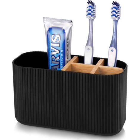Soporte para cepillos de dientes, compartimentos de bambú, plástico resistente, antideslizante, para toda la familia. (1/5)