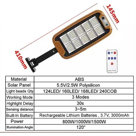 (1 pièce - 160 COB - Grand modèle avec télécommande) Lampadaire solaire d'extérieur, lampe solaire avec 3 modes d'éclairage, télécommande, étanche, détecteur de mouvement, compatible avec jardin, terr (1/5)