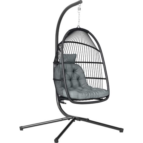 Outsunny Rattan Hanging Egg Chair with Stand, Foldable Wicker Swing Egg Chair with Cushion, Head Pillow, Steel Frame, Hammock Chair for Indoor Outdoor, Capacity 150 kg, Dark Grey