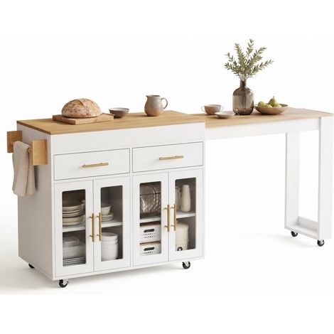 ELVMI Isla de cocina extensible, 2 cajones, puertas de cristal, estantes ajustables, ruedas, blanca, 132.5-217 x 50 x 93 cm (1/5)