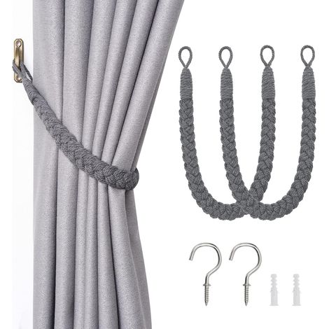 Lot de 2 Embrasses de rideau en corde de coton tissé à la main avec crochet métallique pour salon chambre bureau gris foncé
