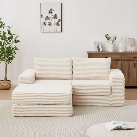 Canapé Modulaire 2 Places – Velours Côtelé, avec 2 Coussins, Accoudoirs Carrés Classiques et Pouf Détachable – Design, Beige (1/5)