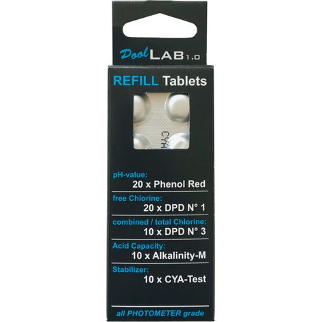Kit de recharges pour testeur électronique de piscine – 20 x Rouge de Phénol pH 6,50-8,40 – 20 x DPD pour chlore 0-6 mg/l – 10 x Alcalinité-M 0-300 mg/l