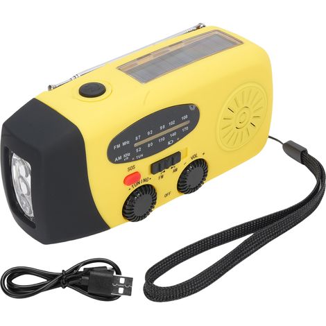 Radio d'urgence solaire Ortviai 5000mAh manivelle AM/FM lampe LED SOS alarme USB-C compacte jaune autonome (1/5)