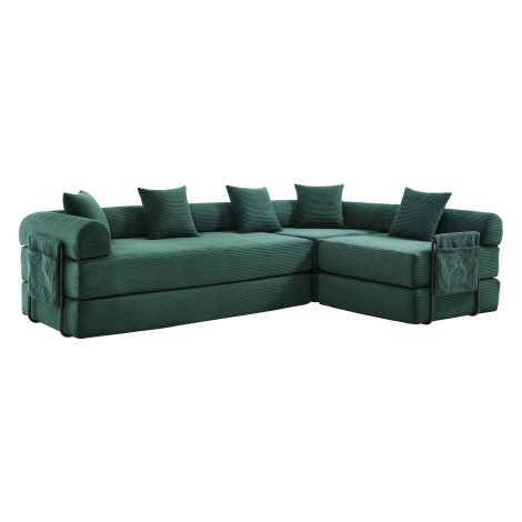 Sofá esquinero, sofá de 5 plazas cama con bolsillo lateral, 5 cojines, de terciopelo acanalado (pana), verde esmeralda (1/5)