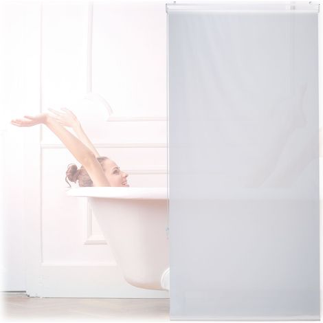 Relaxdays Tenda per Doccia Moderna, 80x240, Vasca da Bagno, Idrorepellente, Montaggio a Soffitto, Rullo Finestra,Bianca
