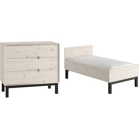 Lit évolutif 70x140 et commode 3 tiroirs Pinio Country Bois blanchi (1/5)