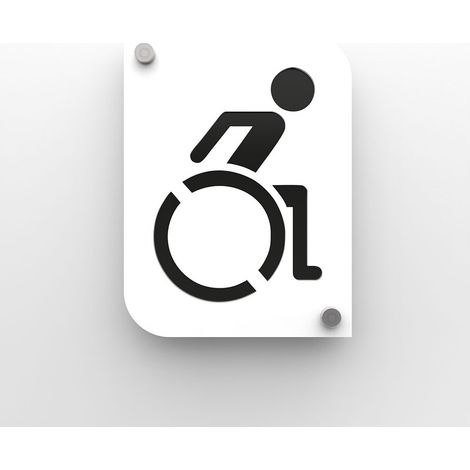 Pictogramme toilettes handicapés PMR - plaque porte design PMMA blanc - fond personnalisable - 20x15 cm, 2 plaques, fixation inox (1/4)