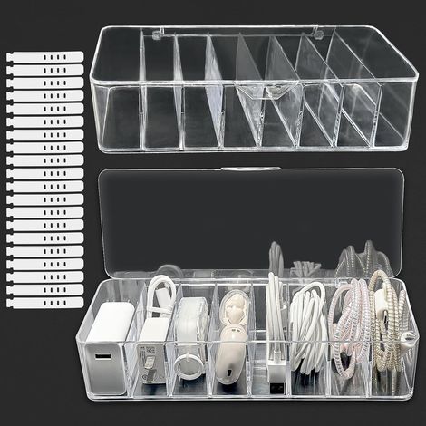 Lot de 2 boîtes de Rangement de câbles Transparentes avec 8 Compartiments et 20 Attaches de câble, Boîte de Rangement Chargeur et Cable, Boîte de Gest (1/5)