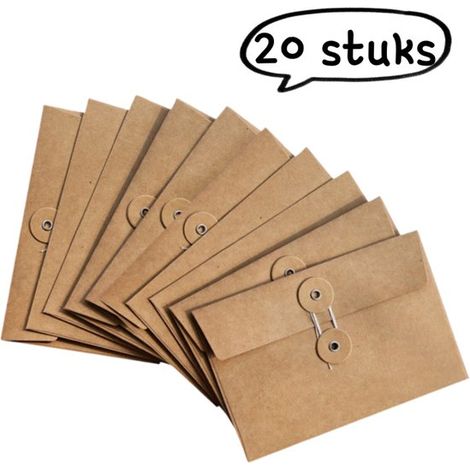 20 buste in carta kraft, stile vintage, con chiusura a bottone e cordoncino, ideali per lettere, cartoline, fatture e inviti, formato orizzontale. (1/5)