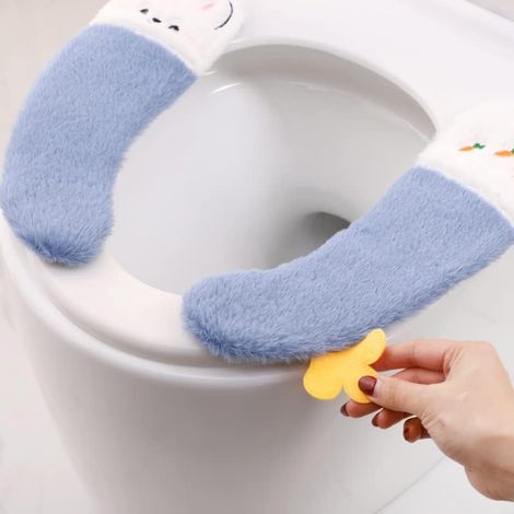 Paar dicke, selbstklebende Toilettensitzbezüge (36 x 10 cm), grau, weich, niedlich, Plüsch, waschbar, für den Winter, warm (1/3)