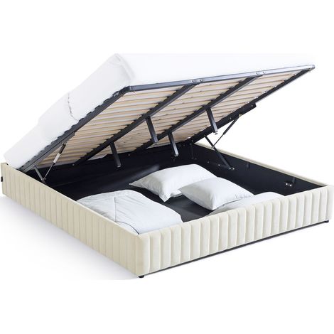 Lit coffre adulte 180x200 cm en tissu chenille beige - Balto
