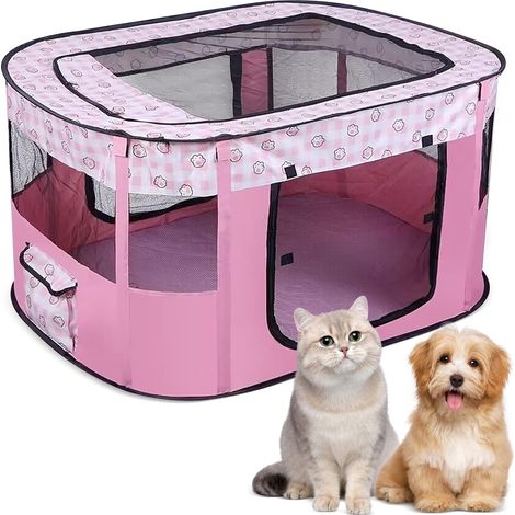 Enclos pour animaux de compagnie, pliable, tente rectangulaire, intérieur/extérieur, pour chatons, chiots, lapins (rose) (1/5)