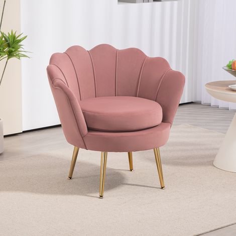 Butaca Tapizada en Terciopelo Butaca de Dormitorio con Respaldo en Forma de Concha y Patas Doradas 76x67x74 cm Rosa (1/5)