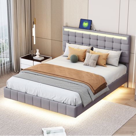 Lit double 140/200 cm gris en lin avec éclairage intégré et effet flottant (1/5)