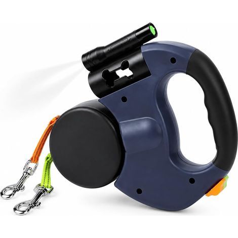 Laisse Rétractable Double pour Chiens, Poignée Ergonomique, avec Lampe de Poche et Distributeur de Sacs (1/5)
