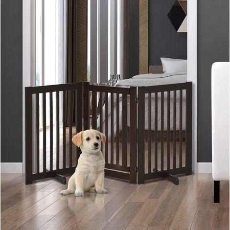 Barrière pour chien pliable et réglable 3 panneaux avec porte, MDF brun foncé HAVRYA (1/5)