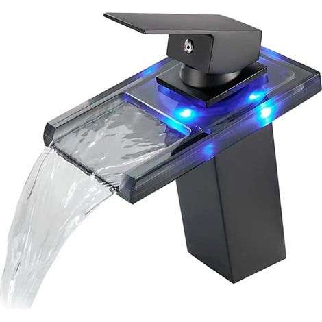 Robinet Lavabo LED Noir Cascade en Verre et Acier Inoxydable, Mitigeur de Salle de Bain avec Contrôle de Température et Éclairage LED Intégré, 1 pièce (1/5)