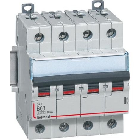 Disjoncteur DX³6000 10kA arrivée haute et départ bas à vis 4P 400V - 63A - courbe B - 4 modules - LEGRAND