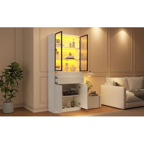 Vitrine blanche 70 x 34 x 180 cm avec portes en verre, éclairage LED Bluetooth réglable et 2 tiroirs pour salon bureau et entrée (1/5)