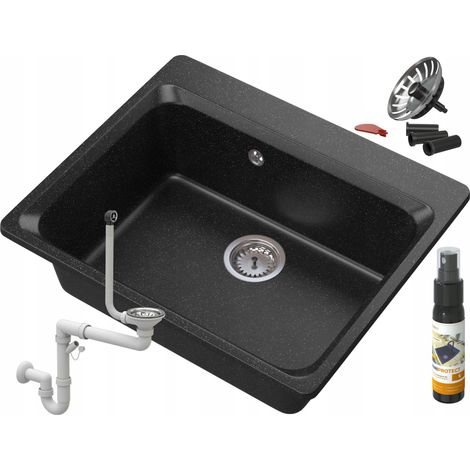 Évier de Cuisine en Granit ZANTE avec Siphon Manuel et Bonde Automatique Click-Clack Noir Mat 1 Bac 619x522mm (1/5)