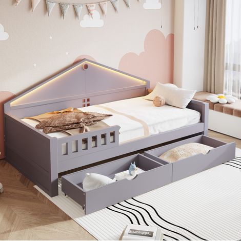 Cama individual de madera gris 90x200 cm con LED, 2 cajones y somier de láminas (1/5)