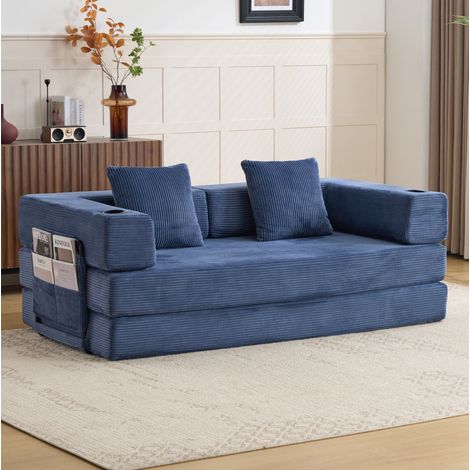 Sofá cama plegable convertible, con reposabrazos y respaldo abatibles, bolsillos laterales y portavasos, tela de pana azul oscuro (1/5)